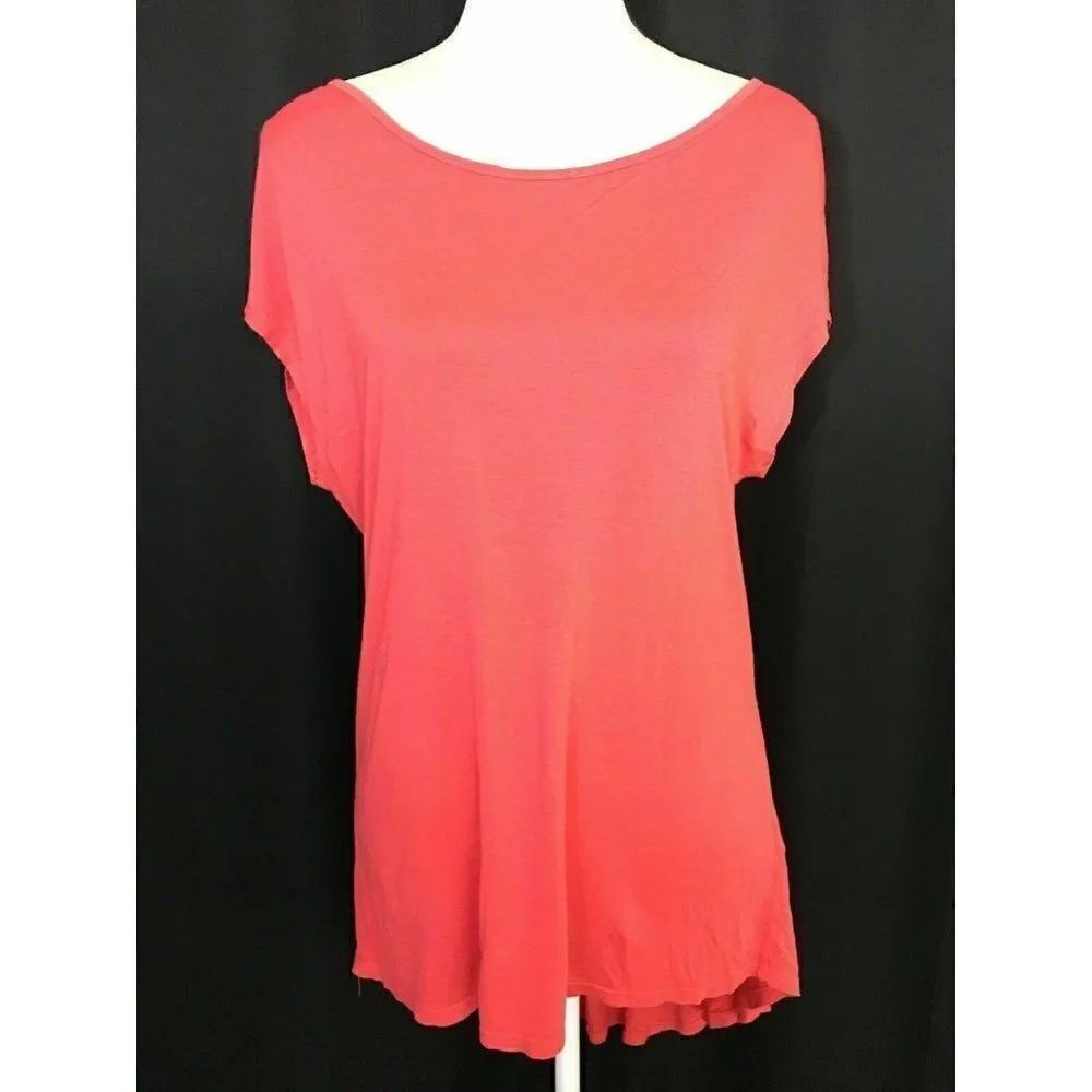 Three Dots Womens Solid Coral Pink Short Sleeve High Low Top Small